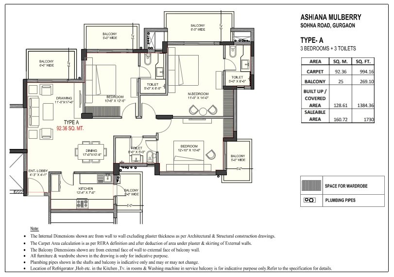 TYPE - A, 3 BEDROOMS + 3 TOILETS