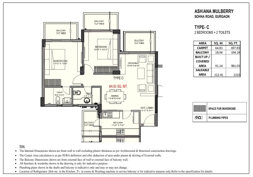 TYPE - C, 2 BEDROOMS + 2 TOILETS